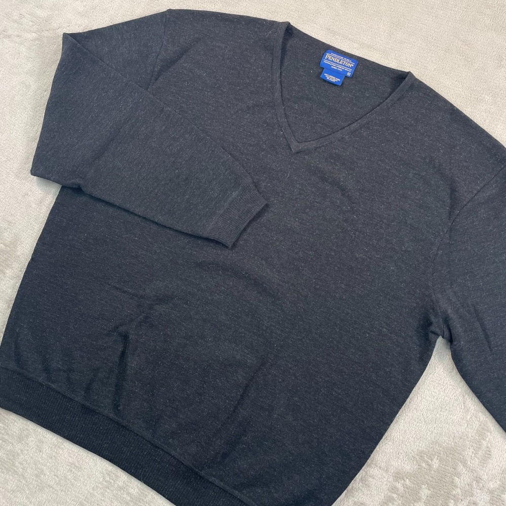 Pendleton V Neck Sweater Men XL Grey 100% Merino Wool Long Sleeve Preppy‎